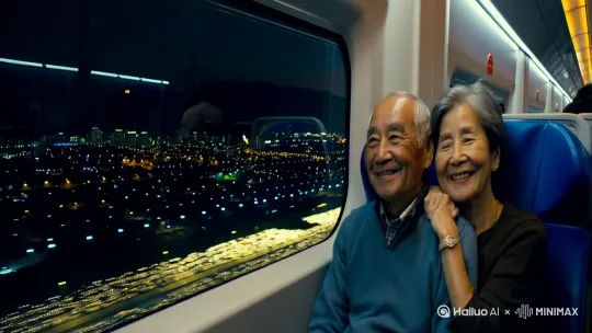 镜头缓缓推进，一对老夫妇并肩坐在高铁的座位上，脸上洋溢着惬意的笑容。窗外，夜色如墨，星星点点的灯光在夜幕中闪烁，像是无数颗璀璨的宝石镶嵌其中。高铁飞驰，窗外的灯光快速向后退去，形成一条条光的轨迹，仿佛在为他们的旅程绘制一幅流动的画卷。老先生轻轻握住老伴的手，眼神温柔地望向窗外，仿佛在回忆着过往的岁月。老太太微微侧头，靠在老先生肩上，嘴角的笑意愈发浓烈，眼中满是对生活的热爱与满足。镜头切换到窗外的夜景，城市的灯光逐渐稀疏，远处的山峦在夜色中若隐若现，高铁继续在夜色中穿行，带着这对老夫妇驶向远方，也驶向他们美好的未来。 by Hailuo AI Video Generator