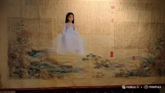 一幅宣纸画卷悬浮于空中，平直舒展。其上绘着山水景致，留白处点缀着诗文与红印章。身着古风纱裙的小姑娘面容精致，立体地坐在画卷中，她的存在似让周围空气也泛起层层波纹，如梦似幻，宛如从画卷中走出的仙子 。 by Hailuo AI Video Generator