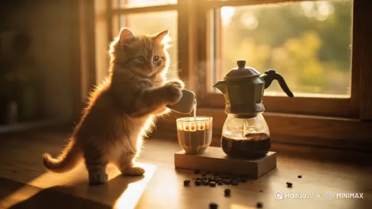 [右移,左摇,跟随]小橘猫磨咖啡豆做手冲咖啡，柔和的阳光洒在它的脸上 by Hailuo AI Video Generator