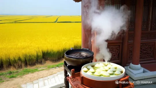 渔家傲· 端午后即景
占学英
门前枣花幽香送，稻浪金波干重诵，
玉厨犹存咸水粽，蒸笼动。       
炊烟漫绕雕梁栋。

酹酒雄黄诗肠润，迎风仰首
杯频尽。
槐树深枝灵鹊兴，相呼应，
请歌暗贺年光顺。
崴次乙巳年五月初九 by Hailuo AI Video Generator