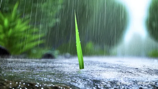 一片雨中小草[右移,左摇,跟随][推进,上升] by Hailuo AI Video Generator