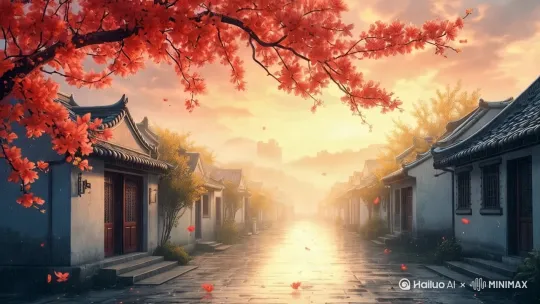 清晨,雨过天晴,阳光透过云层洒在成都城的街道上。画面中布满盛开的花朵,枝头花瓣沾着雨水,沉甸甸地低垂。街道两侧是青瓦白墙的民居,远处城墙隐约可见,整个城市笼罩在柔和的晨光中。 暖色调晨光与湿润的花朵形成对比,花瓣用鲜艳的红色、粉色渲染,露珠晶莹剔透,民居用淡青色和米白色表现清新感。 中国水彩插画,雨后清晨的成都城,阳光穿透云层洒下金色光束,街道两旁繁花盛开,红色、粉色花朵带露珠低垂,青瓦白墙民居错落,远处城墙淡灰色轮廓,整体色调明亮清新,水墨晕染的湿润质感。 by Hailuo AI Video Generator