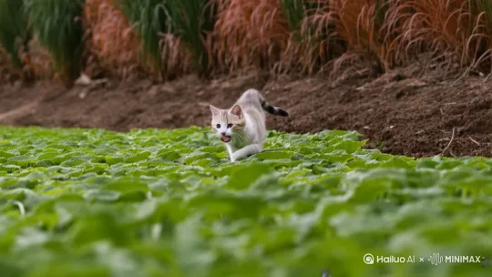 一只在菜地里愉快奔跑的小猫 by Hailuo AI Video Generator