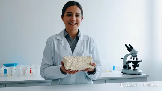 分镜1: 身着白大褂的研发人员手持瓷砖胶样品站立在实验室操作台前。白色实验桌上摆放着量杯和显微镜。柔光照射下样品表面纹理清晰可见，近景构图突出专业感。

分镜2: 装修现场泥工师傅手持刮板将瓷砖胶涂抹在墙面上。自然光照亮施工区域，手持拍摄视角展示胶体拉丝效果，背景可见整齐排列的瓷砖。

分镜3: 实验室电子屏幕显示配方成分对比图表。镜头缓缓推进聚焦"0.3%爽滑剂替代20kg乳胶粉"字样，暖光环境下科研人员正在记录实验数据。

分镜4: 研发团队在现代化实验室里竖起拇指点赞。浅景深效果突显前景的实验仪器，柔和的顶光营造出科技感与专业氛围。 by Hailuo AI Video Generator