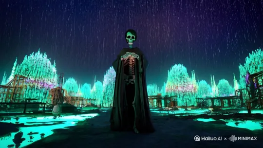 # 魔法题材终极指令结构：
“[环境基调]中[人物动作]，  
引发[科学隐喻特效]，  
导致[环境反噬现象]，  
同时[情感钩子]”  

# 实例（复制即用）：
“酸雨霓虹废墟中枯骨法师撕裂法袍，  
胸口迸发基于**反应扩散方程**的磷火孢子云，  
孢子寄生铁锈生成**斐波那契晶体森林**，  
腐化晶簇中浮现亡妻面容的**全息残影**” by Hailuo AI Video Generator