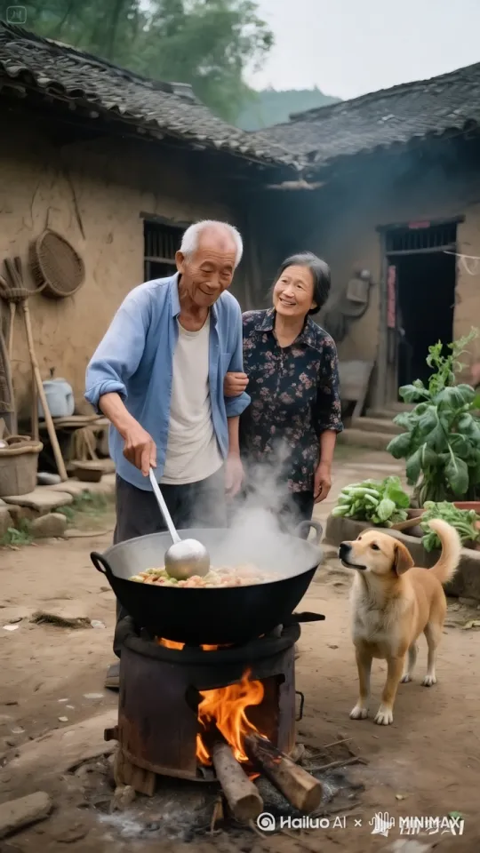 镜头动态跟踪。老头用勺子翻炒锅里的食物，旁边的狗忽然跳进锅里，把锅踩翻在地，两个老人看呆了 by Hailuo AI Video Generator