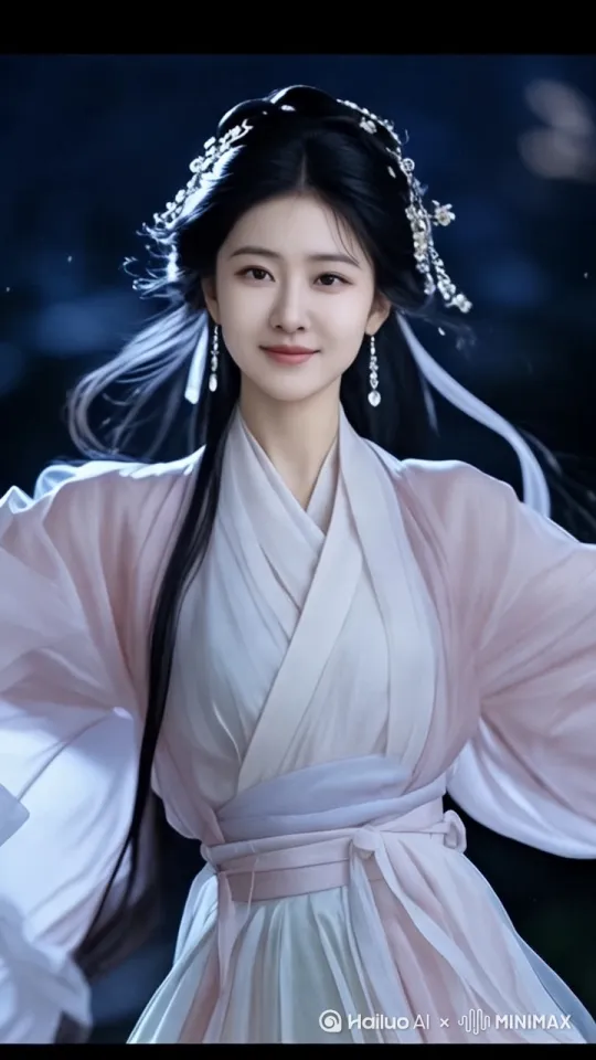 视觉素材
*   **背景
    *   **浩瀚星空与巨大明月：** 深邃的蓝色/紫色星空，清晰可见的月球环形山纹理。月亮要大而明亮，可以是满月或接近满月。
    *   **广寒宫建筑群：** 中式古典宫殿建筑，参考敦煌壁画、汉代宫阙风格更佳。特点：飞檐翘角、雕梁画栋、汉白玉/琉璃质感、云雾缭绕。宫殿应显得**宏伟但清冷**。
    *   **月宫特有景致：**
        *   **巨大月桂树：** 枝干虬劲，树叶泛着银光或玉色。树影婆娑。
        *   **白玉亭台楼阁：** 精致的亭子、回廊、拱桥，材质温润如玉。
        *   **冷冽水池/镜湖：** 平静如镜，倒映着宫殿、月桂和月亮，偶尔有涟漪（可能是玉兔或鱼儿？）。
        *   **寒冰/水晶元素：** 冰晶、冰棱柱、水晶石点缀在角落或作为装饰。
        *   **飘落的桂花：** 金色的桂花花瓣缓缓飘落，增加仙气和动感。
        *   **缭绕的云雾：** **非常关键！** 薄纱般的冷色调（白、青、蓝、紫）云雾在宫殿间、地面、人物脚下流动，营造仙境感和空间层次。 by Hailuo AI Video Generator
