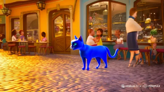3d视频，一只蓝色的猫在街上走路30秒 by Hailuo AI Video Generator
