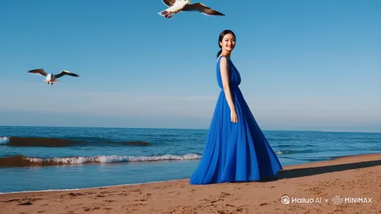 妙玉身着长裙，海边，沙滩，高清，全身像身穿蓝色衣服，飘逸，微笑电影质感拟人，天上有海鸥在海边散步。 by Hailuo AI Video Generator