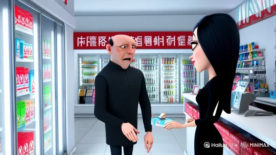 今天又闹了笑话，跑进便利店冲着一头黑发的女老板就说，“大姨，来盒利群。”大姨望着我的秃顶、眼角的深纹明显钝了一下，在给我拿烟后，还是忍无可忍地用眼睛斜挑着我，“大哥，我三十八，你多大了？”[推出,上升,下摇] by Hailuo AI Video Generator