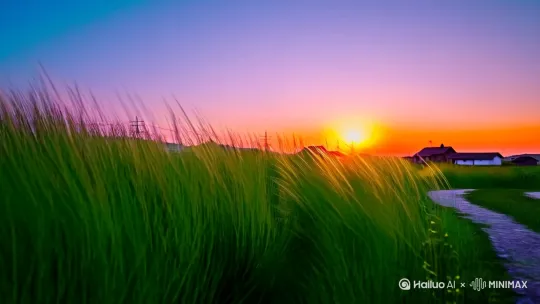 一幅清新自然风格的乡村傍晚景象，画面中央是一条蜿蜒的小径，由近及远延伸向远方。小径两侧生长着茂密的草丛，草叶在微风中轻轻摇曳。小径右侧是一片平静的水面，水面如镜，倒映着天空中绚丽的晚霞。太阳正缓缓落下，位于画面右下方，散发出橙红色的光芒，将整个场景都染上了一层温暖的色彩。阳光洒在水面上，形成一道橙红色的光带，与草丛相互映衬。在画面的远处，可以看到几栋低矮的房屋，错落有致地分布着，房屋的轮廓在晚霞中显得格外温馨。房屋后方有一些电线杆和电线，简单地勾勒出乡村生活的痕迹。远处的地平线上，隐约可见连绵的山丘，为画面增添了层次感。整个画面传递出一种宁静、祥和的氛围。要求4K画质[推出,上升,下摇] by Hailuo AI Video Generator