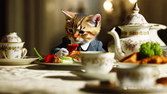 一只可爱的小猫咪，穿着西服在吃西餐。[变焦推进] by Hailuo AI Video Generator