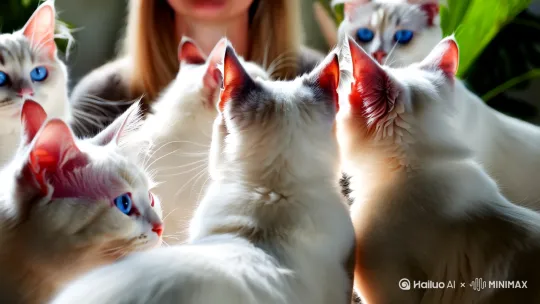 我要生成一组有一群白毛蓝眼睛的可爱猫猫围着主人视频[左移,上升] by Hailuo AI Video Generator
