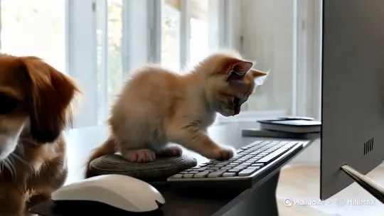 一只小猫和一只狗，一起在用电脑进行产品设计，画立体图 by Hailuo AI Video Generator