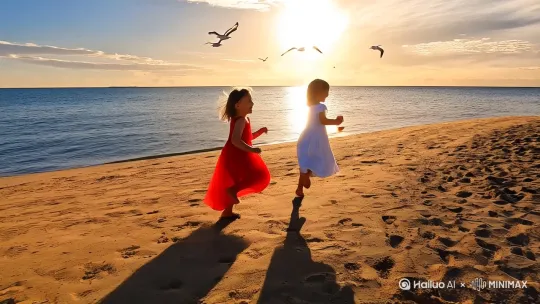 两个身穿红白两色连衣裙的现代少女，赤足奔跑在海滩上戏闹。蓝天上有几朶白云，大海https://hailuoai.com/share/ai-video/N8o2LmjblQ3x有海鸥在飞翔，半圆型太阳在海面上慢慢升起，映起万道霞光。 by Hailuo AI Video Generator