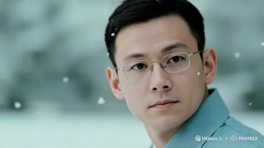 帅哥听见喊他。转头看着你。周围雪花飘散。眼角有笑意。嘴角微微笑意 by Hailuo AI Video Generator
