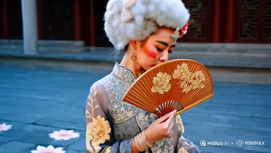 云鬓绾起千年风雅，朱唇轻点一抹盛唐胭脂。水墨刺绣的襦裙随风轻扬，仿若敦煌飞天的飘带坠入人间，金线勾勒的牡丹在衣袂间灼灼绽放。她手持雕花团扇半掩娇容，眉间花钿流转古韵，腕间玉镯轻响，步步生莲踏过青石板路。忽而转身，流苏耳坠摇曳，眼波流转间，传统纹样与现代光影交织，演绎国潮新韵，将东方美镌刻成流动的诗篇。[右移,左摇,跟随] by Hailuo AI Video Generator