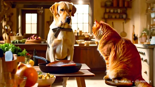 帮我生成一份拉布拉多犬教大橘猫做红烧肉的视频，要求条理清晰 by Hailuo AI Video Generator