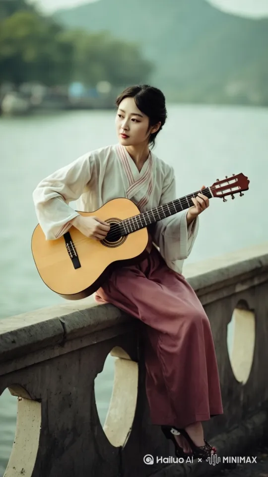美女弹吉他，两手拨动琴弦，头部随着音乐节奏摇动，微风吹过，头发、衣服随风飘扬 by Hailuo AI Video Generator