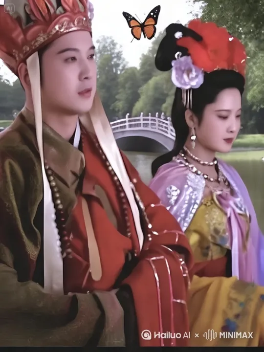 镜头跟随，二人肩并肩互相对视，一边交谈交谈、一边散步，情意绵绵，蝴蝶飞舞，流水潺潺，花草树木随风而动 by Hailuo AI Video Generator
