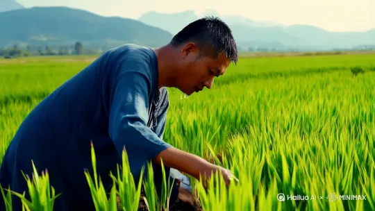 中近景：中国农民弯腰在青绿水田中快速插秧，汗珠滴落。 by Hailuo AI Video Generator