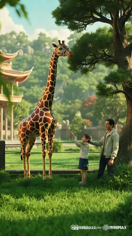 分镜1
 
景别：中景
视角：平视
运镜：固定镜头，展现长颈鹿站立于草地，父女在旁，背景中式建筑与绿树成荫
切换：硬切
 
分镜2
 
景别：近景
视角：平视
运镜：固定镜头，聚焦小女孩抬手，似要触碰长颈鹿，父亲温柔扶肩
切换：硬切
 
分镜3
 
景别：特写
视角：平视
运镜：固定镜头，捕捉长颈鹿温和注视小女孩的神态，画面治愈
切换：硬切
 
分镜4
 
景别：中景
视角：俯视
运镜：固定镜头，呈现父女与长颈鹿同框，阳光洒落草地，氛围温馨
切换：硬切 by Hailuo AI Video Generator