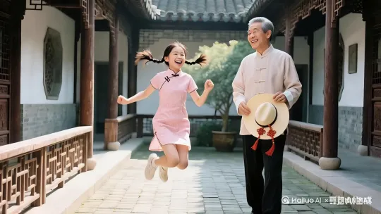分镜脚本：
 
1. 全景，固定视角。展现中式庭院全貌，Lily 欢快跳跃，Dad 微笑站立，手持带中国结遮阳帽，画面明亮。硬切。
2. 中景，微微俯拍。聚焦 Lily 跳跃动态、兴奋神情，Dad 温和注视，凸显互动。硬切。
3. 特写，平拍。呈现遮阳帽中国结装饰细节，Dad 手部托帽动作，传递温情。硬切。
4. 全景，拉远镜头。再次展示庭院，Lily 跑向 Dad ，两人准备出发，氛围愉悦。 by Hailuo AI Video Generator
