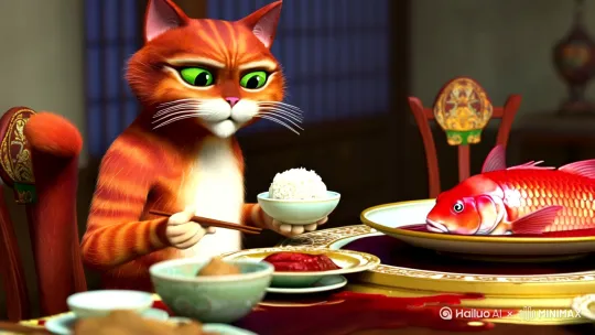 一只拟人化橘猫坐在餐桌旁边，左手端碗米饭，右手拿着筷子，餐桌的鱼盘里有一些血水，一条活鲤鱼躺在那里，橘猫伸出筷子去夹鲤鱼，鲤鱼反抗，溅出的血水让橘猫微微向后躲闪 by Hailuo AI Video Generator