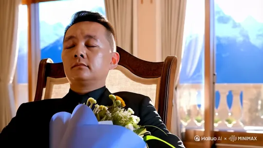 在一个豪华的别墅里，别墅有一个巨大的落地窗，窗外是巨大的雪山，阳光从窗户照射进来，他穿着一套黑色的西装，他闭着双眼静静的躺在摇椅上，他的双手放在肚子上，手里拿着一束蓝色包装的鲜花，画面的镜头从近到远。 by Hailuo AI Video Generator