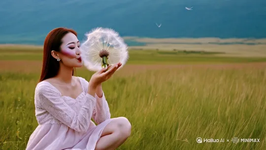 在乌兰布统草原上，五官精致的可爱妆容的美女在草原上，蹲下吹散手掌大小的蒲公英，蒲公英散开飞翔，给美女特写，蒲公英飞到广阔的天空中[下降,上摇][拉远,上升,下摇] by Hailuo AI Video Generator
