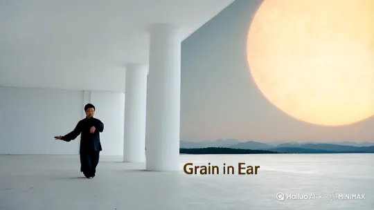 视频结合条件：（“芒种”含义是“有芒之谷类作物可种，过此即失效”。这个时节气温显著升高、雨量充沛、空气湿度大，适宜晚稻等谷类作物种植。农事耕种以“芒种”这节气为界，过此之后种植成活率就越来越低。它是古代农耕文化对于节令的反映。）展示了一个人在一座白色极简风格的建筑里缓缓地打太极，动作流畅而优雅。背景中，一个巨大的半透明圆形太阳悬挂在天空中，远处，连绵起伏的山峰若隐若现，增添了一份宁静和深远的气息。整个画面充满了和谐与平衡，展现了太极与自然的完美融合。 by Hailuo AI Video Generator