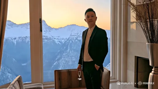 在一个豪华的别墅里，别墅有一个巨大的落地窗，窗外是巨大的雪山，黄昏，夕阳从窗户照射进来，他穿着一套全黑色的西装，他站在落地窗边看着窗外的雪山，他一个手插在裤子口袋里，另一个手里拿着一个香槟酒杯。画面的镜头从上到下。 by Hailuo AI Video Generator