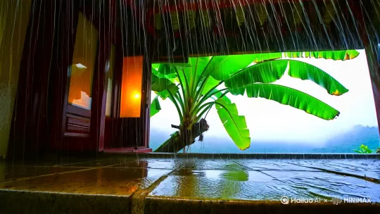“固定仰视镜头：密集雨丝斜飘画面，芭蕉叶高频震颤，屋檐水流持续滴落形成涟漪。古树枝干随风缓慢摆动，远处薄雾流动，窗内灯光忽明忽暗，石板积水泛起连续波纹。”1. 广角镜头（0-2s）:  
雨幕中的寺庙飞檐，银杏树金叶铺满湿滑石阶，香炉青烟被雨压散  
2. 特写镜头（2-4s）:  
雨水沿斗拱木雕纹路流淌，枫叶旋转飘落积水潭，慢镜头捕捉水滴溅起瞬间  
3. 移轴镜头（4-6s）:  
穿越月洞门推进，展现雨中庭院全景：芭蕉、石灯笼、回廊柱影在雨雾中构成几何构图[5,8](@ref) by Hailuo AI Video Generator