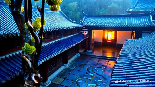 "水墨动画风格徽派庭院，垂柳枝条如毛笔扫过水面，雨滴在宣纸质感的画面上晕染墨点。青瓦连缀成浪的屋顶雨帘垂落，卵石小径缀满被雨打落的浅紫泡桐花，老槐树枝干墨色渲染淋漓，远景石拱桥淡若水墨勾边。添加「动态留白」与「朱砂印章」元素""雨丝速度0.4x，柳枝摆动如书法运笔轨迹，屋檐水流持续滴落形成涟漪扩散，花瓣飘落速率0.6x，镜头以0.8x速度平移展现卷轴展开效果"
1. **开场镜头（0-12秒）**  
   "俯拍雨幕笼罩的江南庭院，青瓦屋顶雨水汇聚成帘，沿雕花檐角滴落青石板，溅起环形水花。前景古樟树枝干虬曲，湿叶高频震颤，中景月洞门透出薄雾中摇晃的灯笼暖光"  
   *动态参数*：`雨量强度70%｜镜头缓慢下移｜树叶摆动幅度40%`

2. **特写衔接（12-24秒）**  
   "特写芭蕉叶承接雨珠的颤动轨迹，水珠滚落砸中池塘荷叶，涟漪扩散惊动锦鲤。背景白墙漏窗虚化，竹影在风雨中摇曳如墨痕"  
   *动态参数*：`慢镜头0.5x｜水滴飞溅粒子细节｜景深f/2.8`

3. **场景转换（24-36秒）**  
   "穿越回廊推进至庭院全景：卵石小径积水倒映紫藤花架，银杏金叶随雨飘落，石灯笼顶部积水映翻滚雨云，远景拱桥隐现雾中"  
   *动态参数*：`平移运镜速度1.2x｜雨丝斜飘角度25°｜雾气流动速度0.3x`

4. **意境空镜（36-48秒）**  
   "低角度拍摄青苔石阶，雨水沿石缝形成微型溪流。老槐树枝条垂落画面，挂雨珠如水晶帘，背景黛色山峦在雨雾中渐变消失"  
   *动态参数*：`微距镜头｜苔藓绒毛细节8K｜动态模糊Level 2`

5. **收尾镜头（48-60秒）**  
   "月洞门框景视角：竹制流水装置滴水入石臼，涟漪倒影破碎又重组，镜头拉远展现庭院全貌，雨势渐弱显「一帘烟雨洗江南」竖排书法题字"  
   *动态参数*：`变焦镜头0.7x｜雨滴速度递减｜书法浮现速度0.5x` by Hailuo AI Video Generator