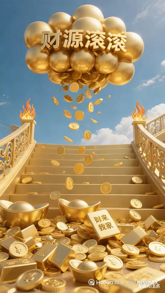 金色云朵大开口，大量的金币、金元宝、金条不断从开口处倾泻而下，迅速铺满整个台阶，滚滚而下。比例 9:16。 by Hailuo AI Video Generator