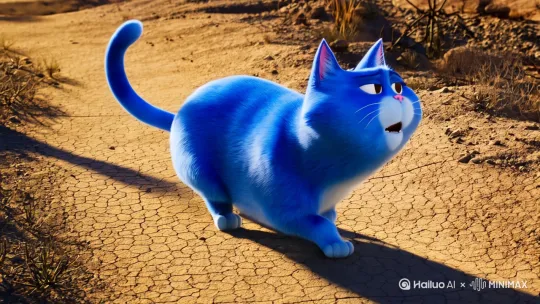 一只可爱的蓝色胖猫走在烈日下，被热得直难受，抱怨着怎么这么热 by Hailuo AI Video Generator