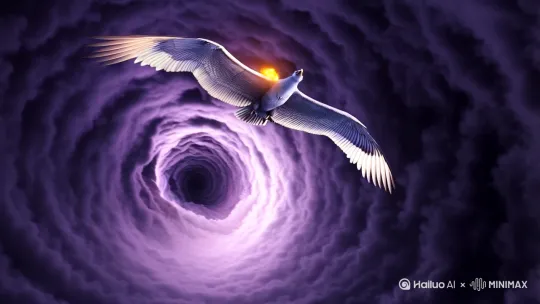 大鹏鸟振翅遮蔽半个天空 羽翼纹理似流动云层 爪间抓着燃烧的星辰 背景是紫黑色漩涡状云海 下方北海与南海以阴阳鱼纹样相连 鸟影掠过处天空裂开金色光缝 by Hailuo AI Video Generator