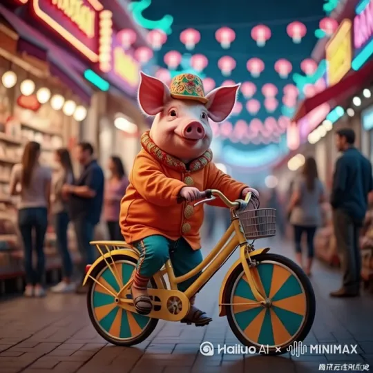 那你让这只小猪在街道上面骑车。往前面走 by Hailuo AI Video Generator
