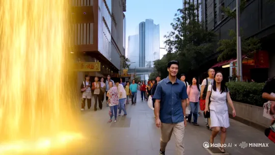 分镜1: 穿着现代休闲装的男子在城市街道上行走。突然他的外貌逐渐变化为孙悟空形象。镜头低角度仰拍，阳光从左侧投射出金色光芒，周围路人露出惊讶表情。

分镜2: 完全变身后的孙悟空从耳中抽出金箍棒，仰头望向天空。摄像机跟随他腾空而起的动作向上推进，云层被气流冲开形成螺旋轨迹，俯视角度下现代城市建筑逐渐缩小。 by Hailuo AI Video Generator