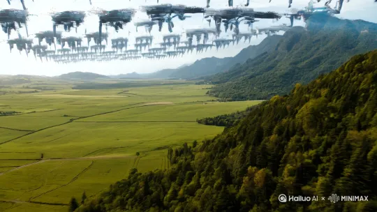 一个乡村的天空上布满了外星战舰[推进,上升]，远处大猩猩金刚在山间穿梭[右摇,变焦推进] by Hailuo AI Video Generator