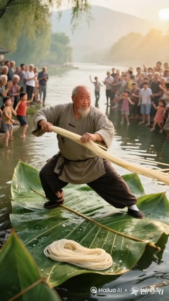 镜头移动，动态跟随。大爷甩动手中的面条，面条疯狂旋转起来，面条面对镜头高速旋转。周围的人欢呼鼓掌。 by Hailuo AI Video Generator