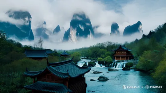 水墨画风格，全景。画面呈现出云雾弥漫的山水景致。远处是巍峨的山峰，在云雾中时隐时现，山体以深浅不一的蓝绿色和墨色描绘。山间云雾缭绕，营造出缥缈空灵的氛围。中景有几座传统风格的木屋，屋顶呈深色，周围生长着郁郁葱葱的树木。一条溪流从画面中穿过，部分形成瀑布，水流在岩石间穿梭，岩石散布在溪流两侧。整体画面充满了宁静悠远、超凡脱俗的意境。要求4K画质。[推进,上升] by Hailuo AI Video Generator