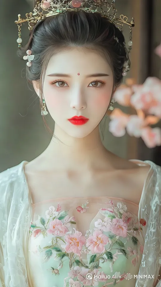 身着古典服饰的女性优雅转身，手指轻抚发间点缀珍珠宝石的皇冠，背景中粉色花瓣缓缓飘落，她微微低垂的双眼透出神秘气质，固定镜头。 by Hailuo AI Video Generator