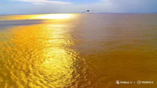 江水与海水在此交汇，由于两者的颜色和密度不同，形成了一条清晰的分界线。江水通常较为浑浊，呈黄褐色，而海水则相对清澈，呈现出深邃的蓝色或蓝绿色，就像两条不同颜色的绸带交织在一起。
 
站在船上远眺，视野极为开阔。远处是水天相接的地平线，海面上波光粼粼，阳光洒在水面上，反射出金色的光芒。江面上，各种船只穿梭往来，有货轮、客轮、渔船等，它们在江海上留下一道道长长的航迹。
 
近看交界处的水面，水流湍急，波涛汹涌，江水和海水相互冲击、碰撞，形成了复杂的水流和漩涡。海浪拍打着船舷，发出阵阵清脆的声响，与江水的流淌声交织在一起，仿佛是一首大自然的交响曲。
 
天空中，常常有海鸥等海鸟翱翔，它们时而俯冲下来，贴近水面觅食，时而振翅高飞，消失在蓝天白云之间。岸边是绵延的江岸线和现代化的港口设施，吊车林立，集装箱堆积如山，一片繁忙的景象，展现出吴淞口作为重要交通枢纽的繁荣与活力。 by Hailuo AI Video Generator