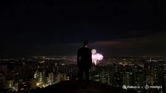 夜晚，在一个城市的山顶，山顶的四周一片漆黑，山下是一片高楼大厦，一个年轻的男人穿着黑色的西装，他站在山顶看着远方，画面是他的背影，远处的天空中有美丽的烟花。整个视频的画面是远景，能看到以上描述的大的场景。[推出,上升,下摇] by Hailuo AI Video Generator