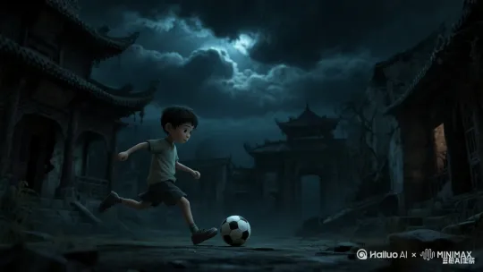 固定镜头，全景，小男孩踢中放在地面的足球，足球在空中划出一道弧线飞出画面 by Hailuo AI Video Generator