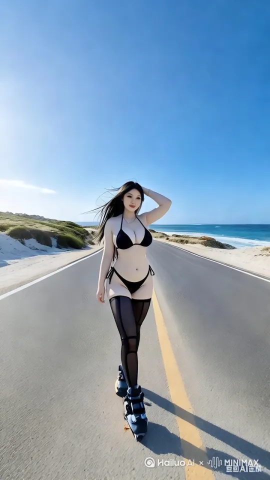 美女在公路上极速滑行，飞速的前进超过一辆又一辆的车 by Hailuo AI Video Generator