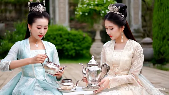 两个宫廷古代美女用一套纯银茶壶，及纯银手工烧水壶，在一个风景优美的地方品茶[左移,上升] by Hailuo AI Video Generator
