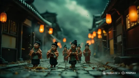 小人们先是疑惑地抬头看天，随后狂风袭来，吹得他们身体晃动，脸上惊恐加剧，开始慌乱张望。[左移,上升] by Hailuo AI Video Generator