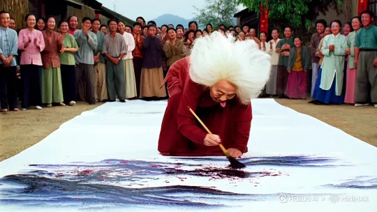 白发老太画画
想象词:全景镜头,光线明亮,在一个中国农村乡镇街上,街道两旁站满了人,路中间有一个爆炸白头发驼背吐着舌头的老太太,穿着砖红色传统服饰拿着毛笔正在地上画画,地上摆着巨大白纸和笔墨,
视频软件:纳米通义
视频提示词:镜头移动,动态相随。画面中的爆炸头白发老太太正在地上绘画。突然老太太飞起来在空中不断转圈,四处甩墨汁,脚下的白纸逐渐出现山水画,白发老太太站在地上单手转毛笔,周围的人开心拍手。动作丝滑连贯。毫无违和感。 by Hailuo AI Video Generator